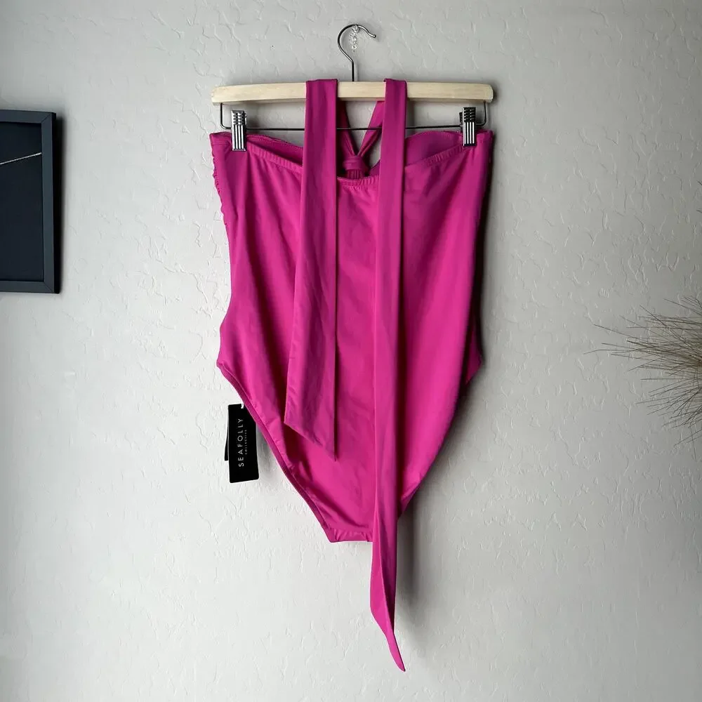 NEW Seafolly Collective Hot Pink Halter Bandeau One Piece‎ Swimsuit Size 10